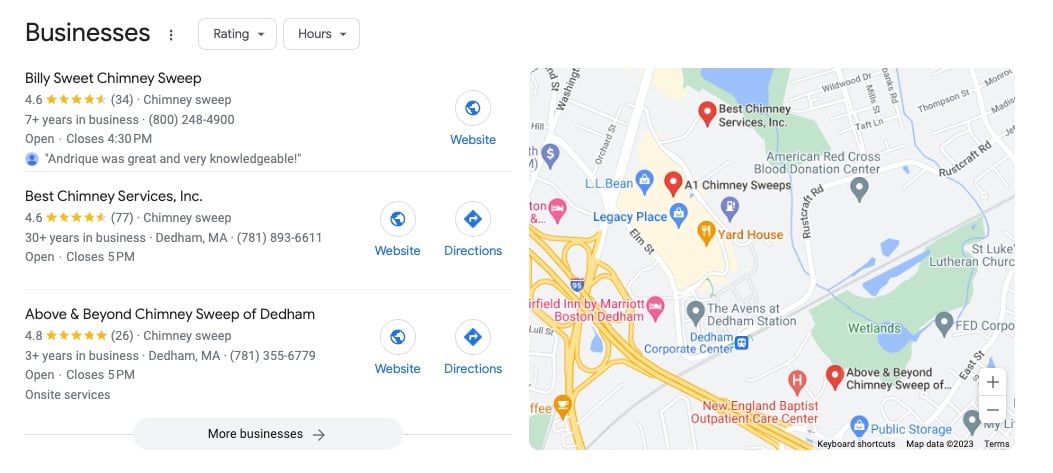 image of Google map results for chimney sweep businesses